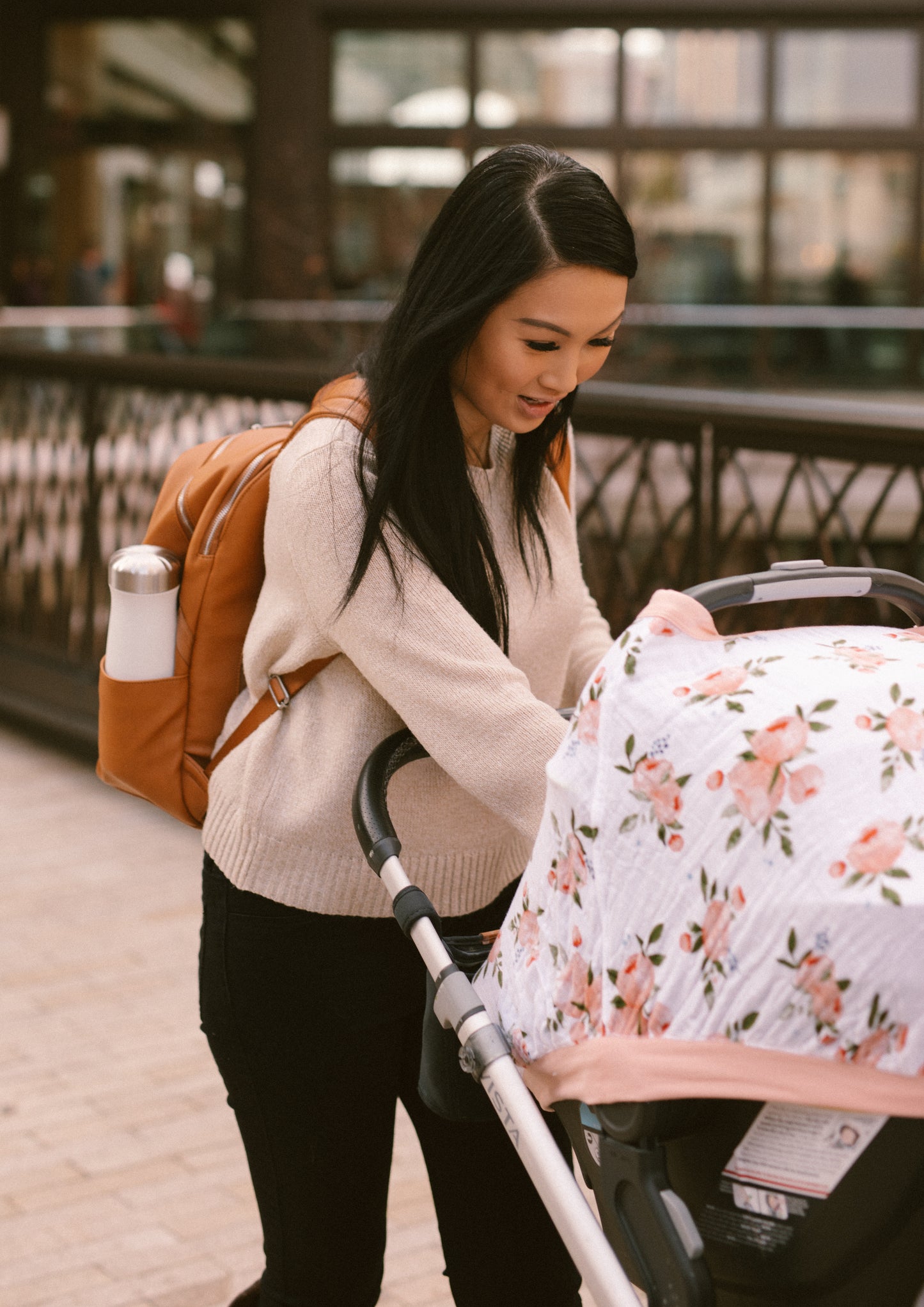 COTTON MUSLIN CAR SEAT CANOPY - WATERCOLOR ROSE